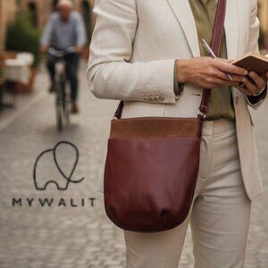 Mywalit Leather Crossbody Bag Brown Suede Trim Elephant Logo Italian Leather